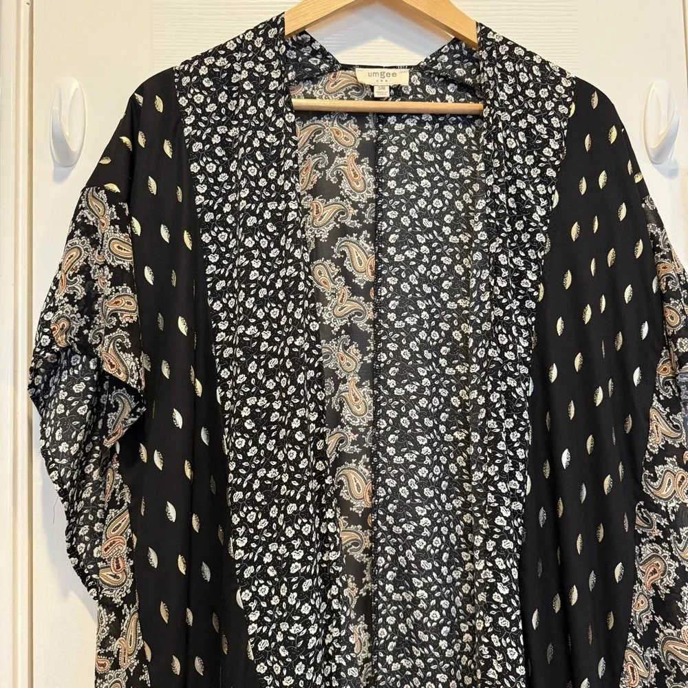 Umgee Kimono Duster Women’s S/M Black Gold Multi Media Ruffle Western Bohemian - Picture 4 of 10